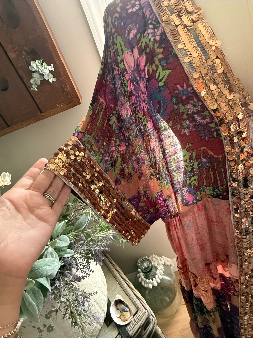 Free people Bohemian Sheer Floral Maxi Dress with Gold Trim - Pink Multi - Picture 3 of 3